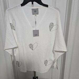LIV White V-Neck Sweater with Silver Heart Accents